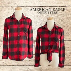 American Eagle Cowgirl Buffalo Plaid Long Sleeve Button Down Flannel Shirt